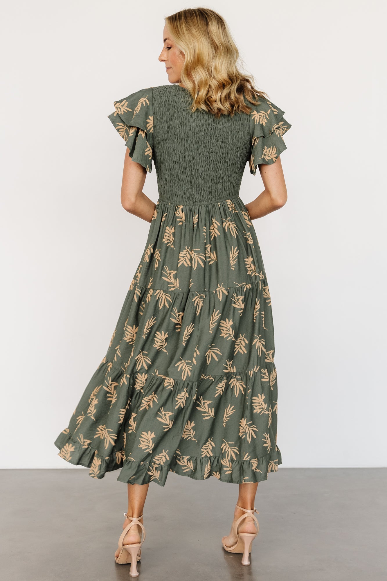 Estelle Smocked Midi Dress | Green + Tan Print