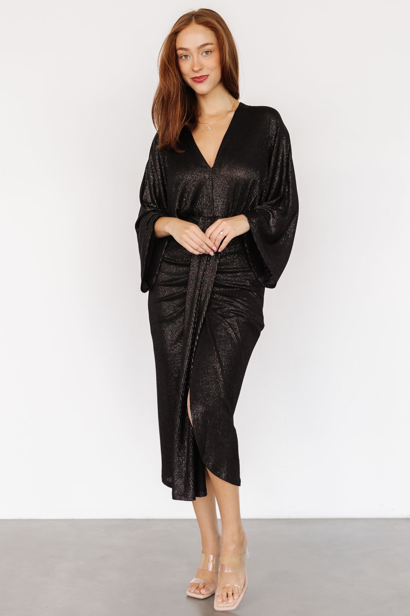 Ciara Ruched Midi Dress | Black Metallic