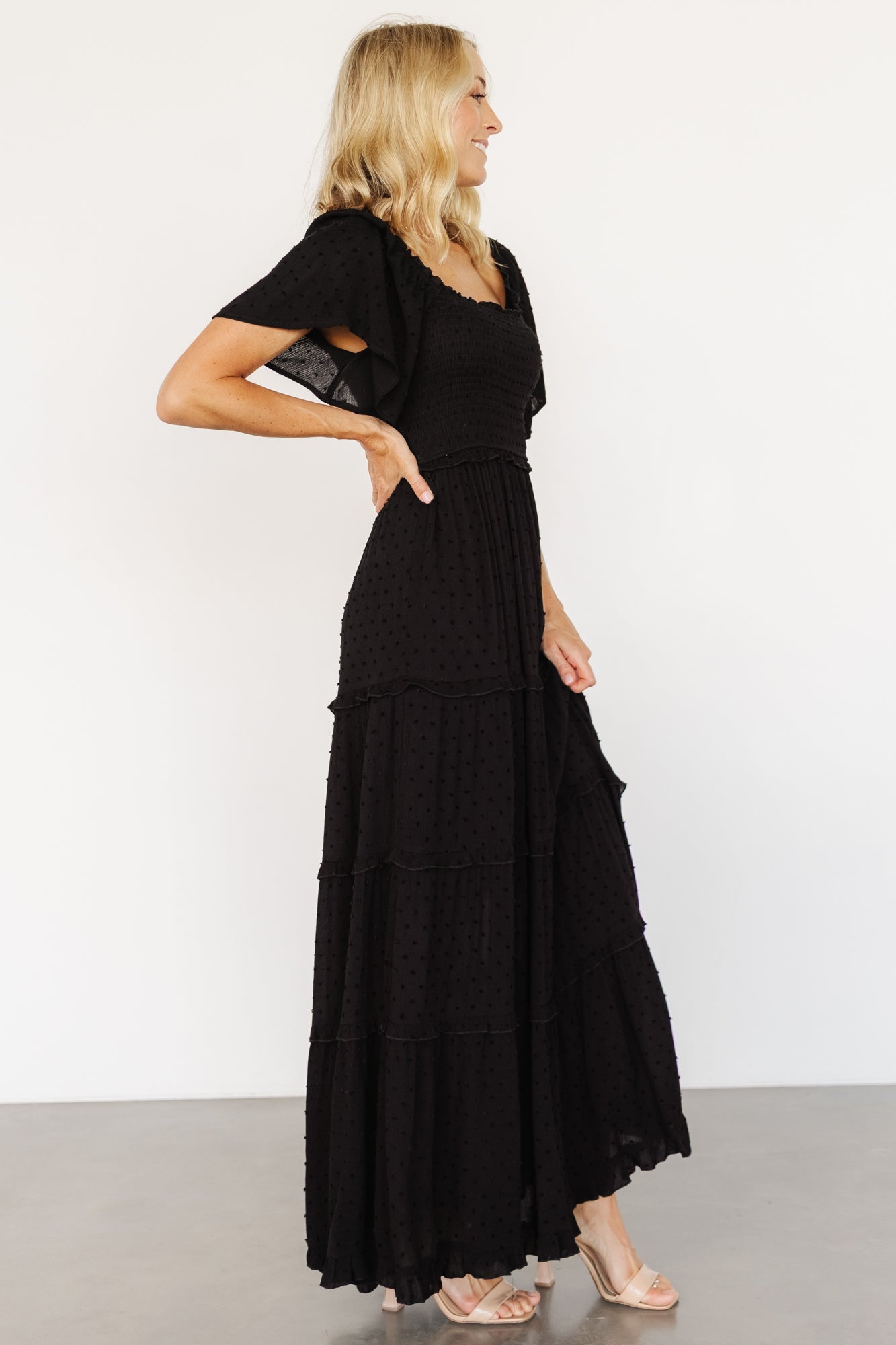 Lenora Smocked Dotted Maxi Dress | Black
