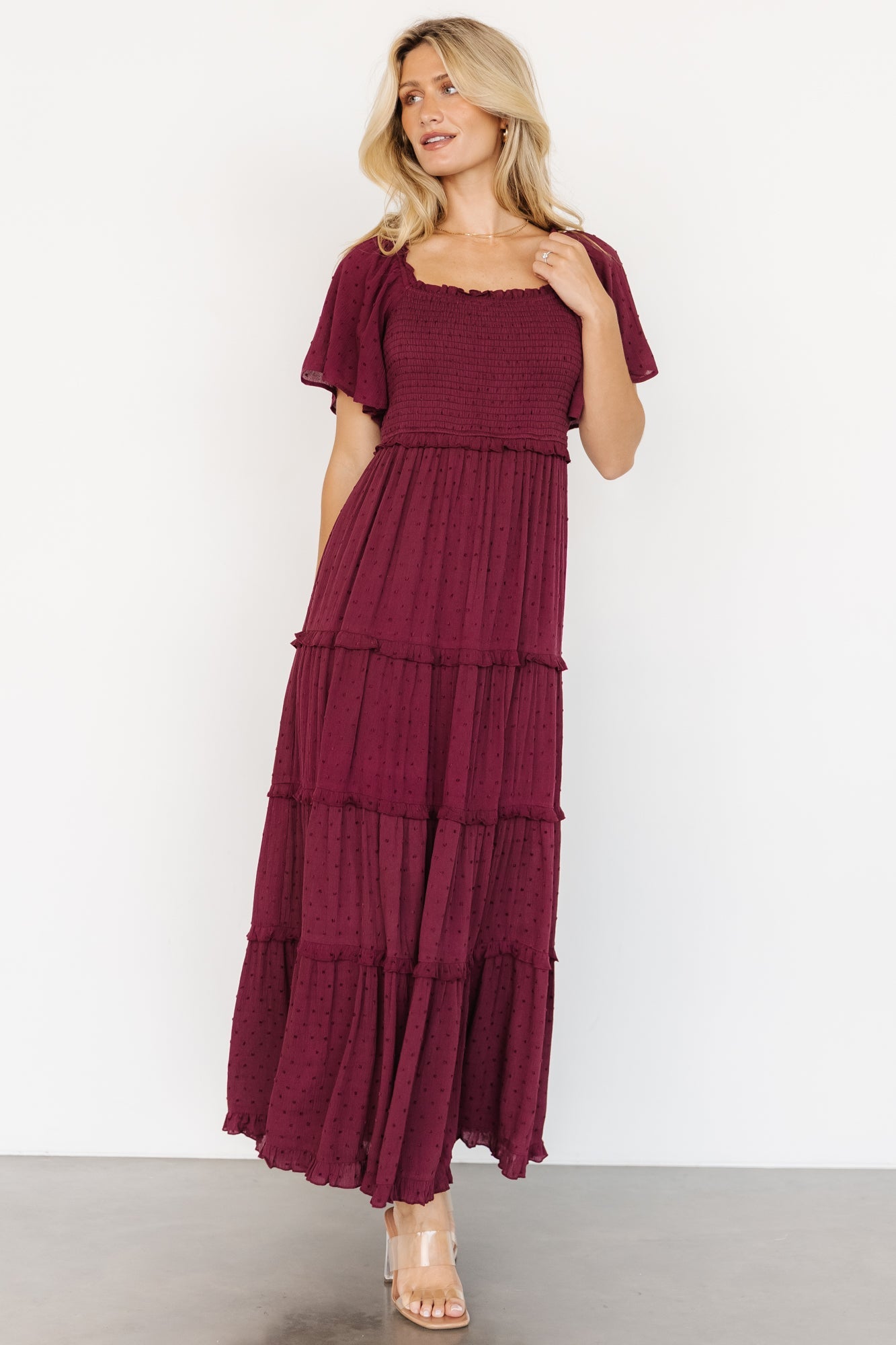 Lenora Smocked Dotted Maxi Dress | Wine