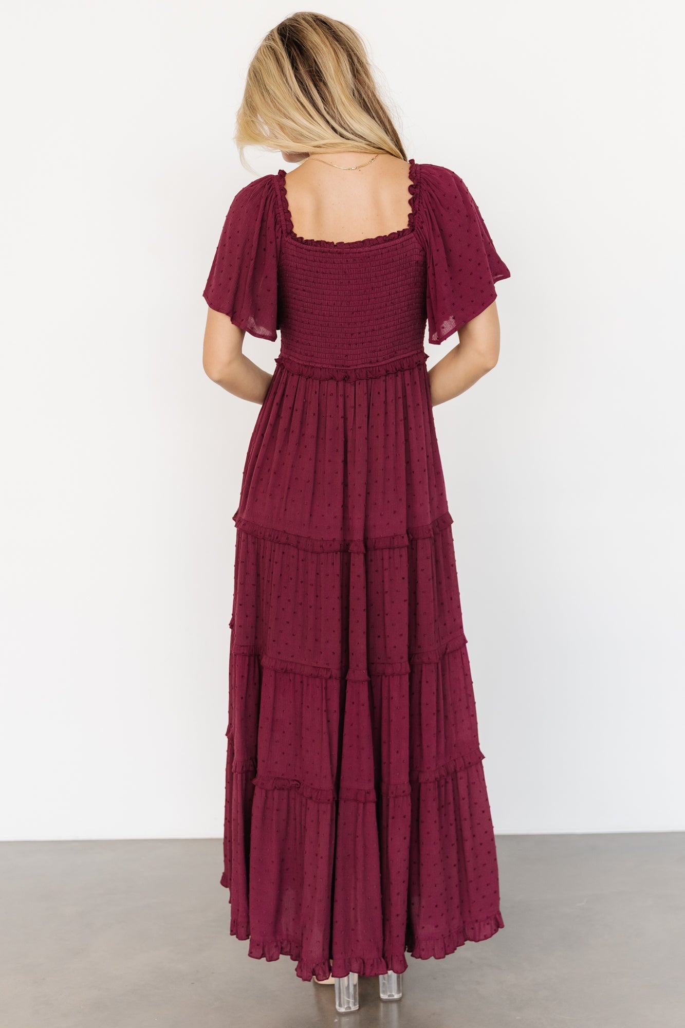 Lenora Smocked Dotted Maxi Dress | Wine