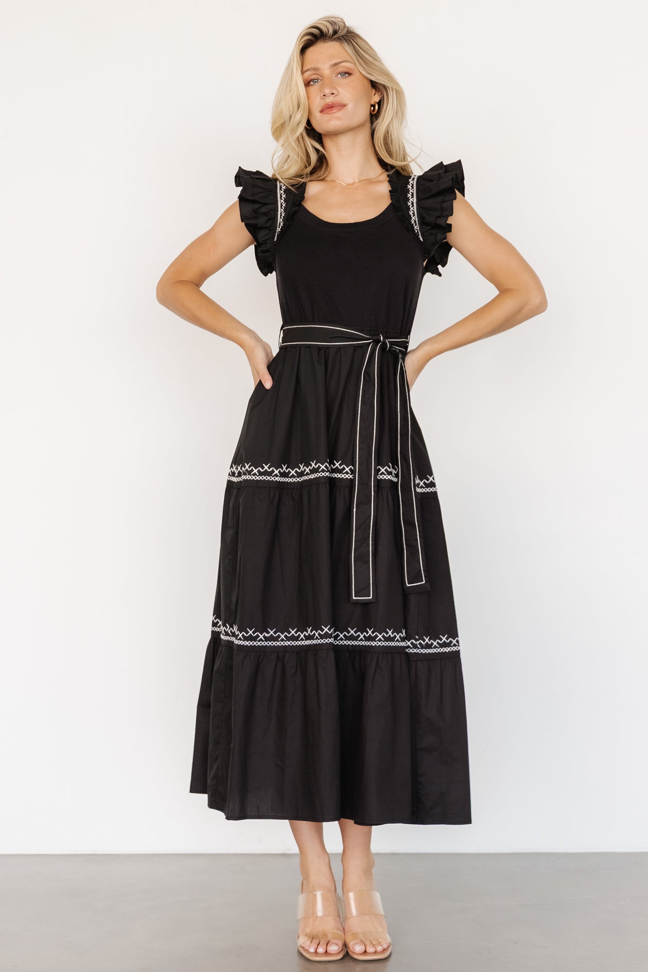 Elisa Embroidered Midi Dress | Black