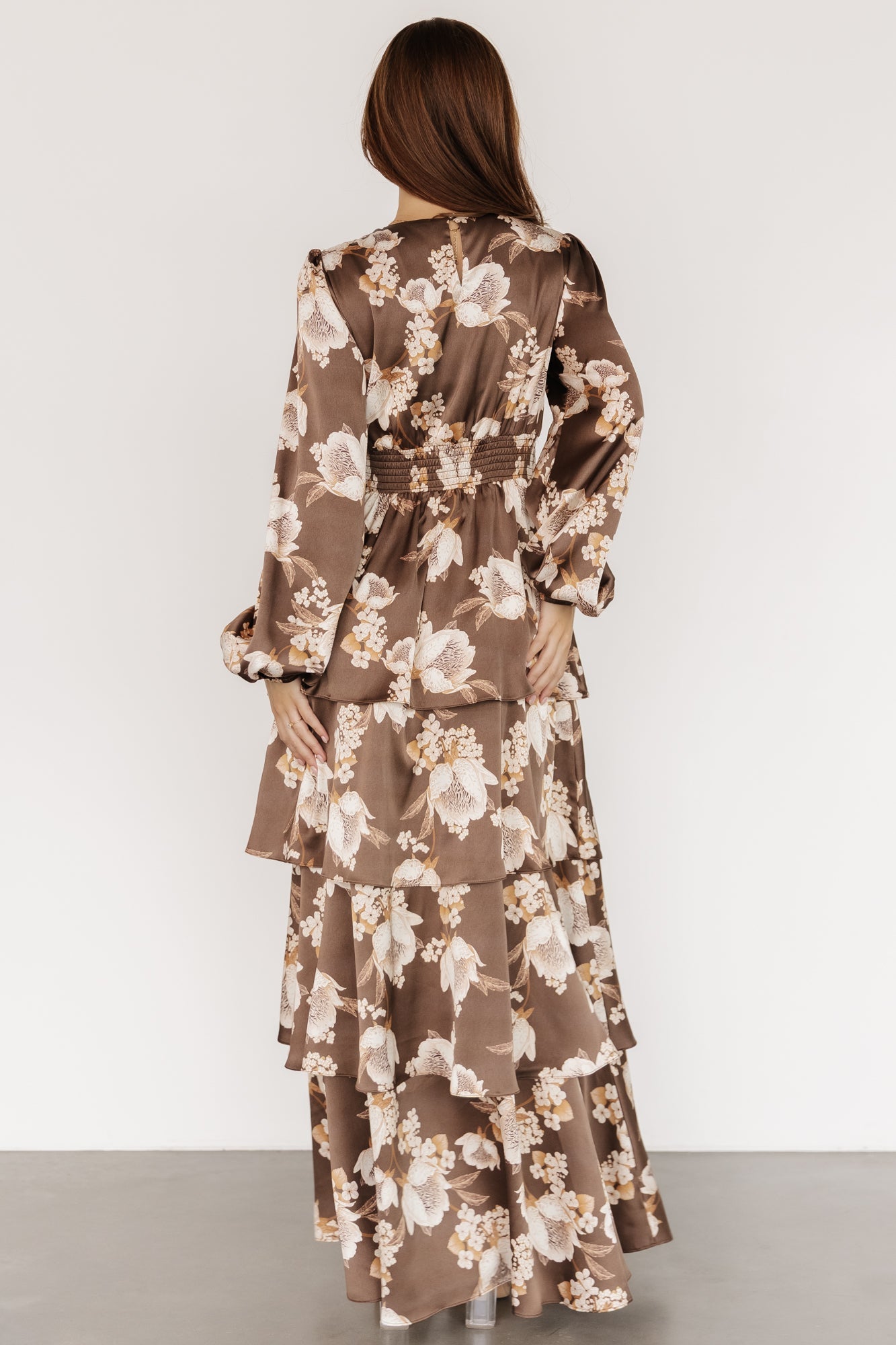 Montrouge Tiered Satin Dress | Mocha Floral