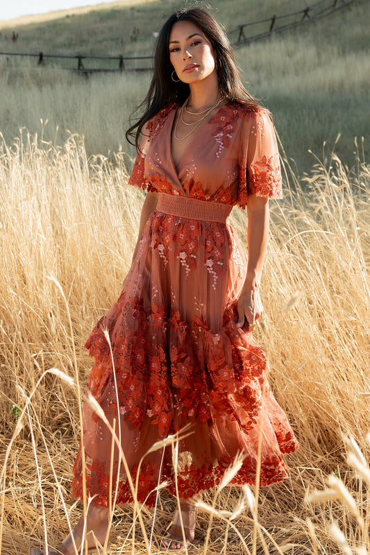 Lotte Embroidered Midi Dress | Rust