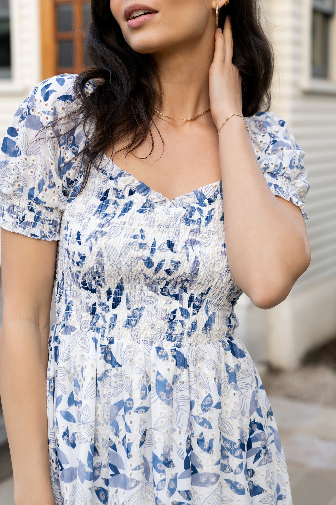 Piper Eyelet Midi Dress | Off White + Blue Floral