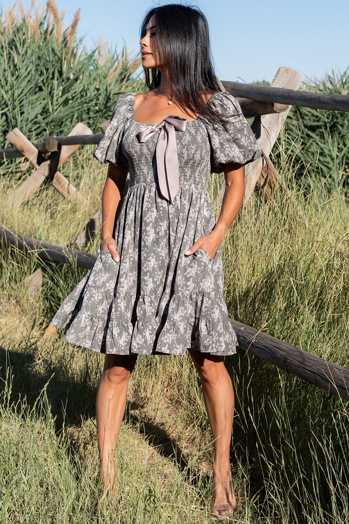 Anastasia Bow Short Dress | Dusty Olive Print