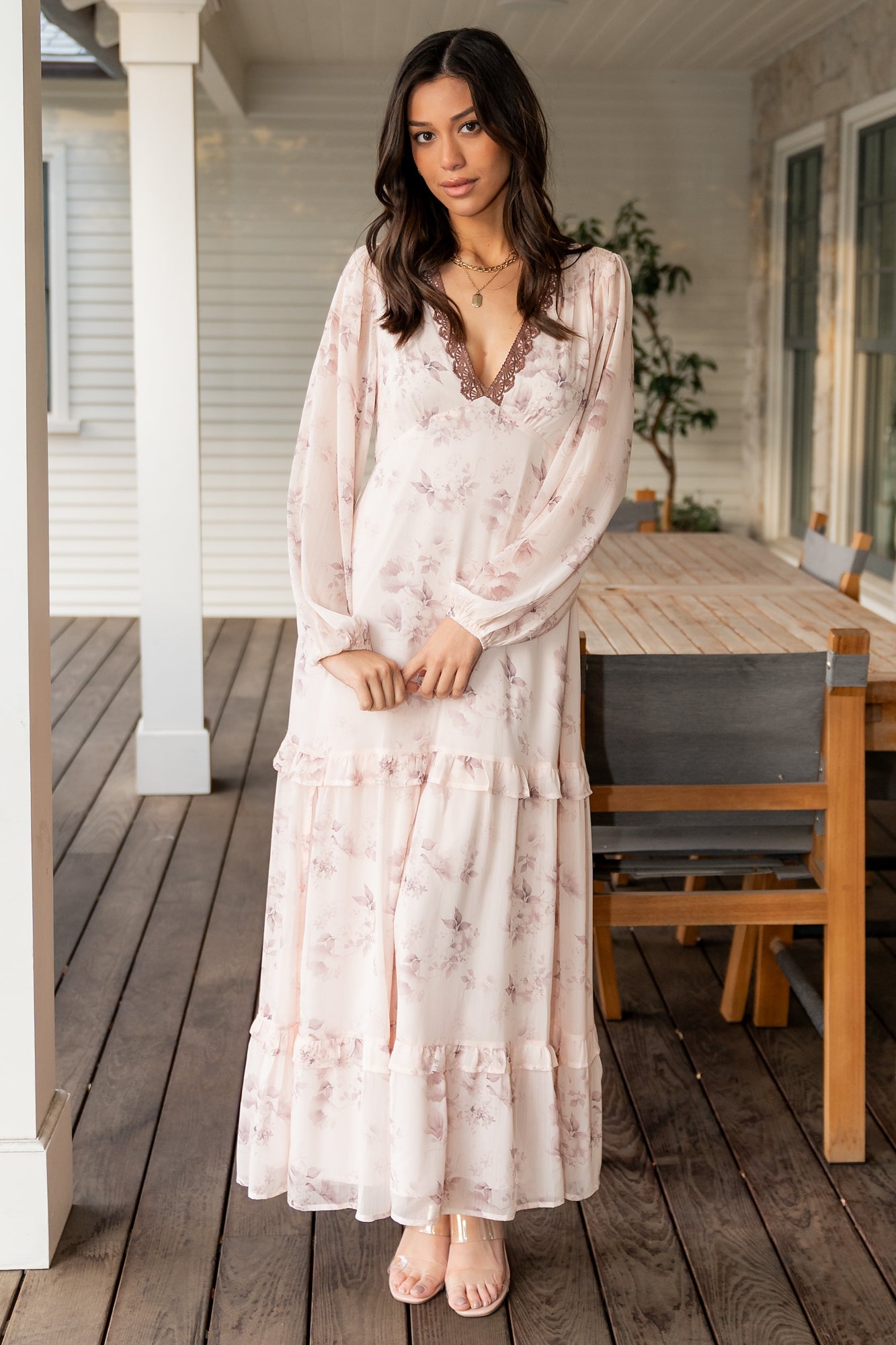 Rumi Deep V Maxi Dress | Beige + Clove Floral