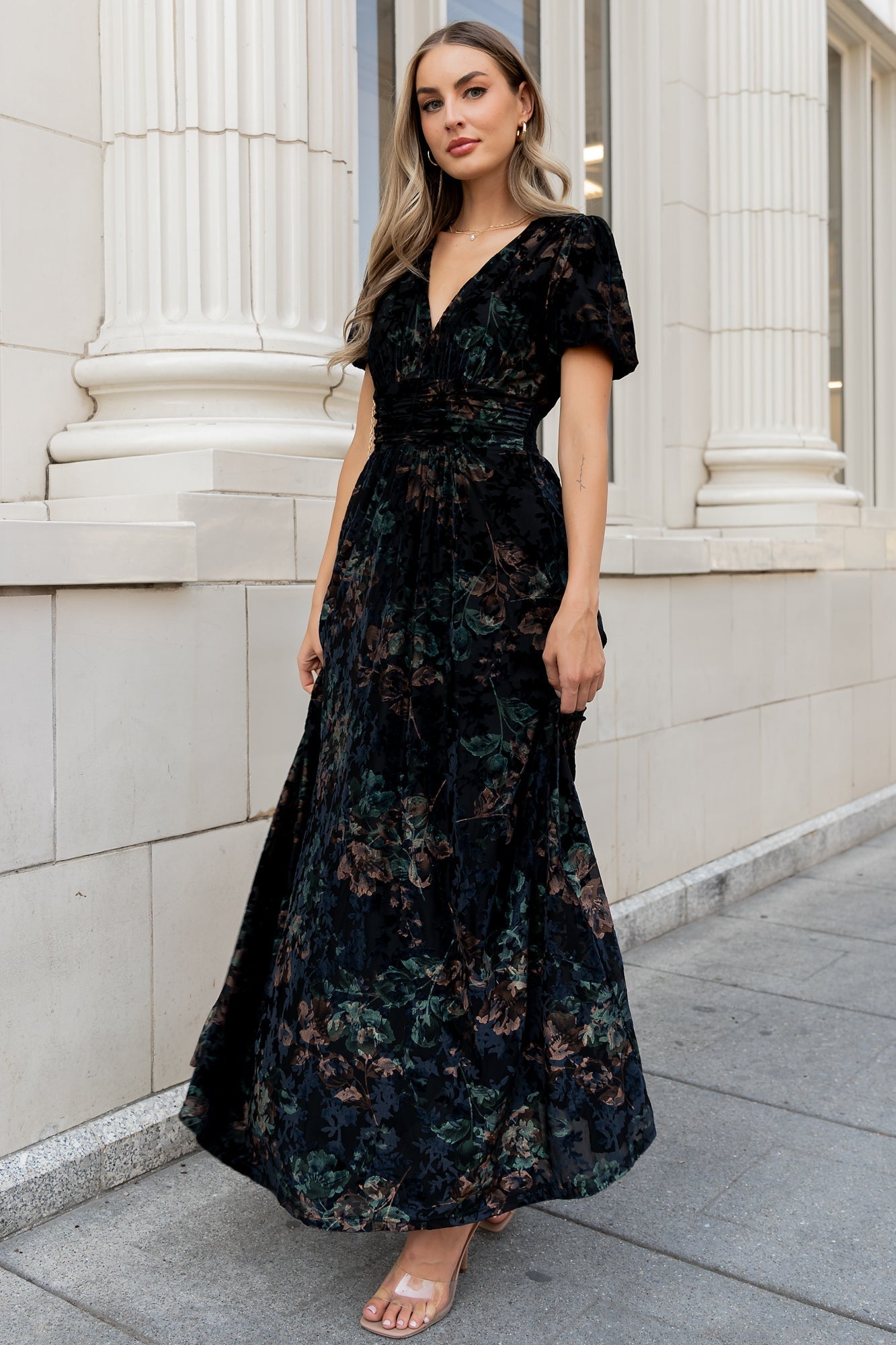 Leslie Velvet Maxi Dress | Black + Deep Jade Floral
