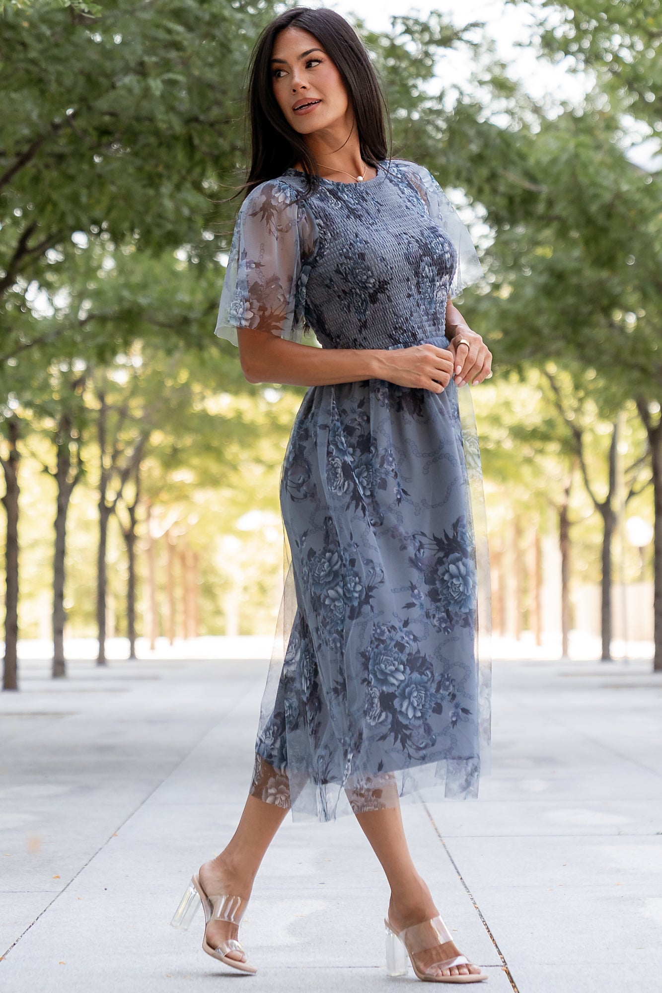 Josie Tulle Midi Dress | Dusty Blue Floral