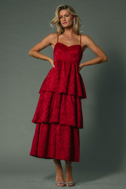 Violetta Embossed Tiered Dress | Deep Red