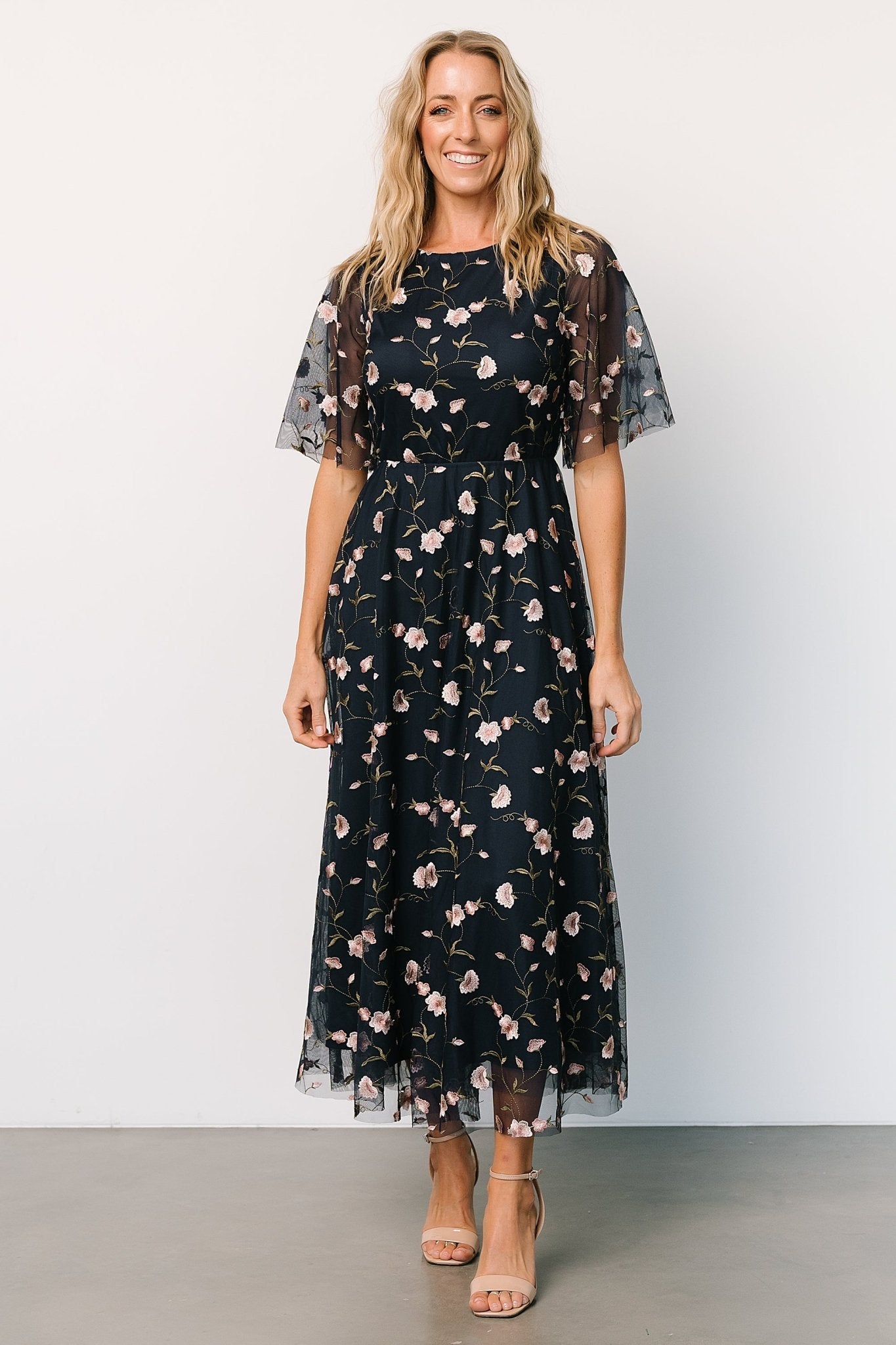 Arabella Embroidered Tulle Maxi Dress | Pink + Navy