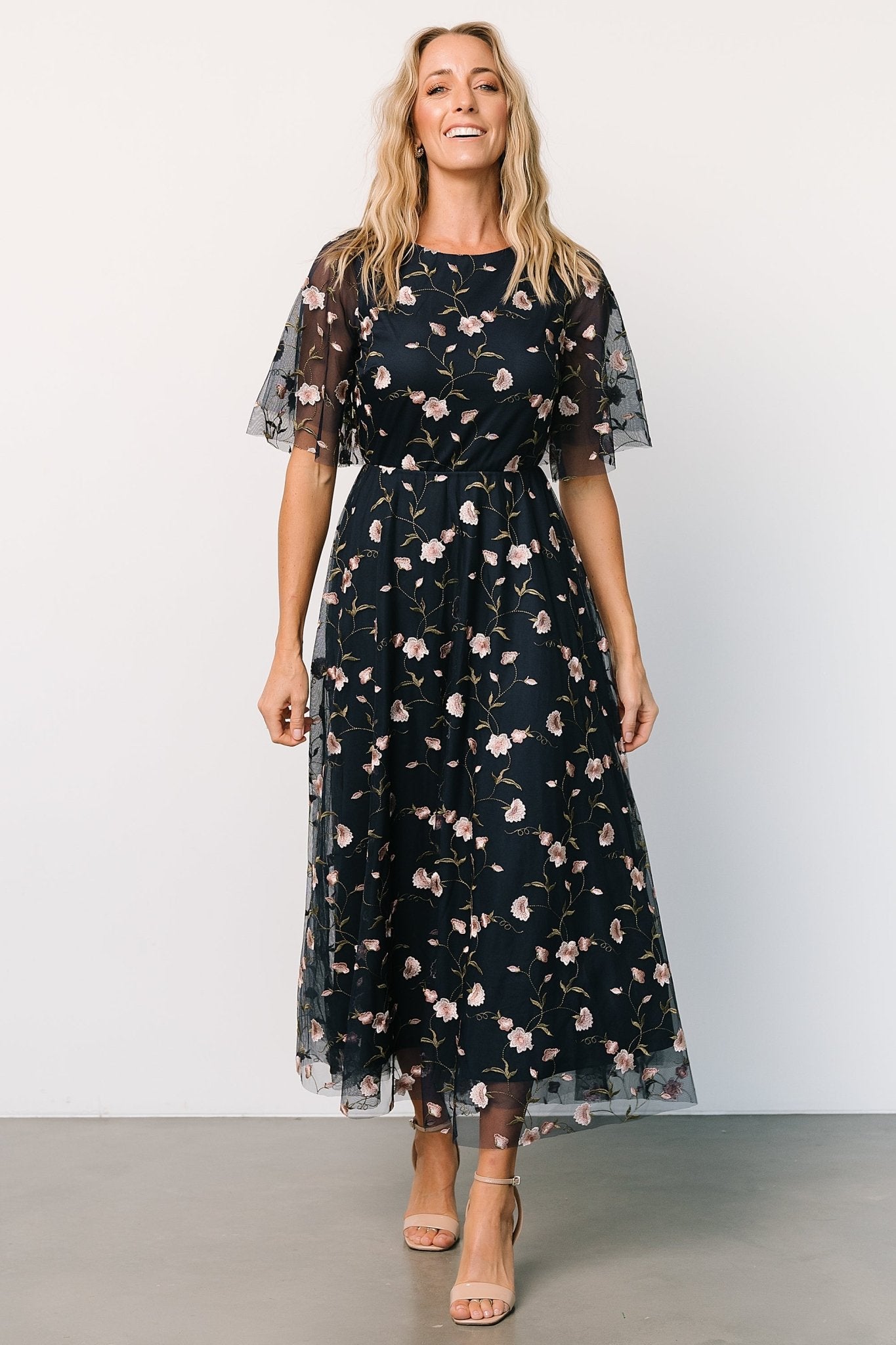 Arabella Embroidered Tulle Maxi Dress | Pink + Navy