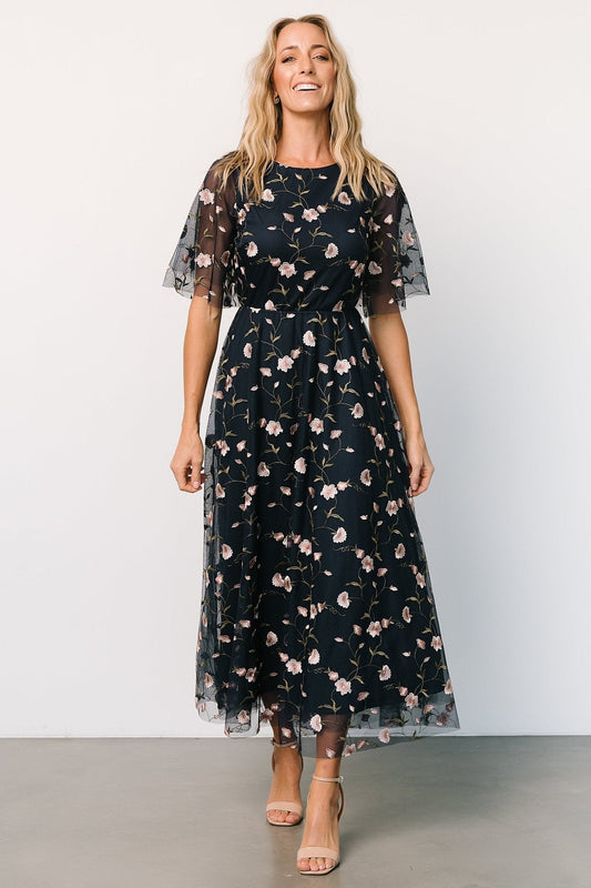 Arabella Embroidered Tulle Maxi Dress | Pink + Navy