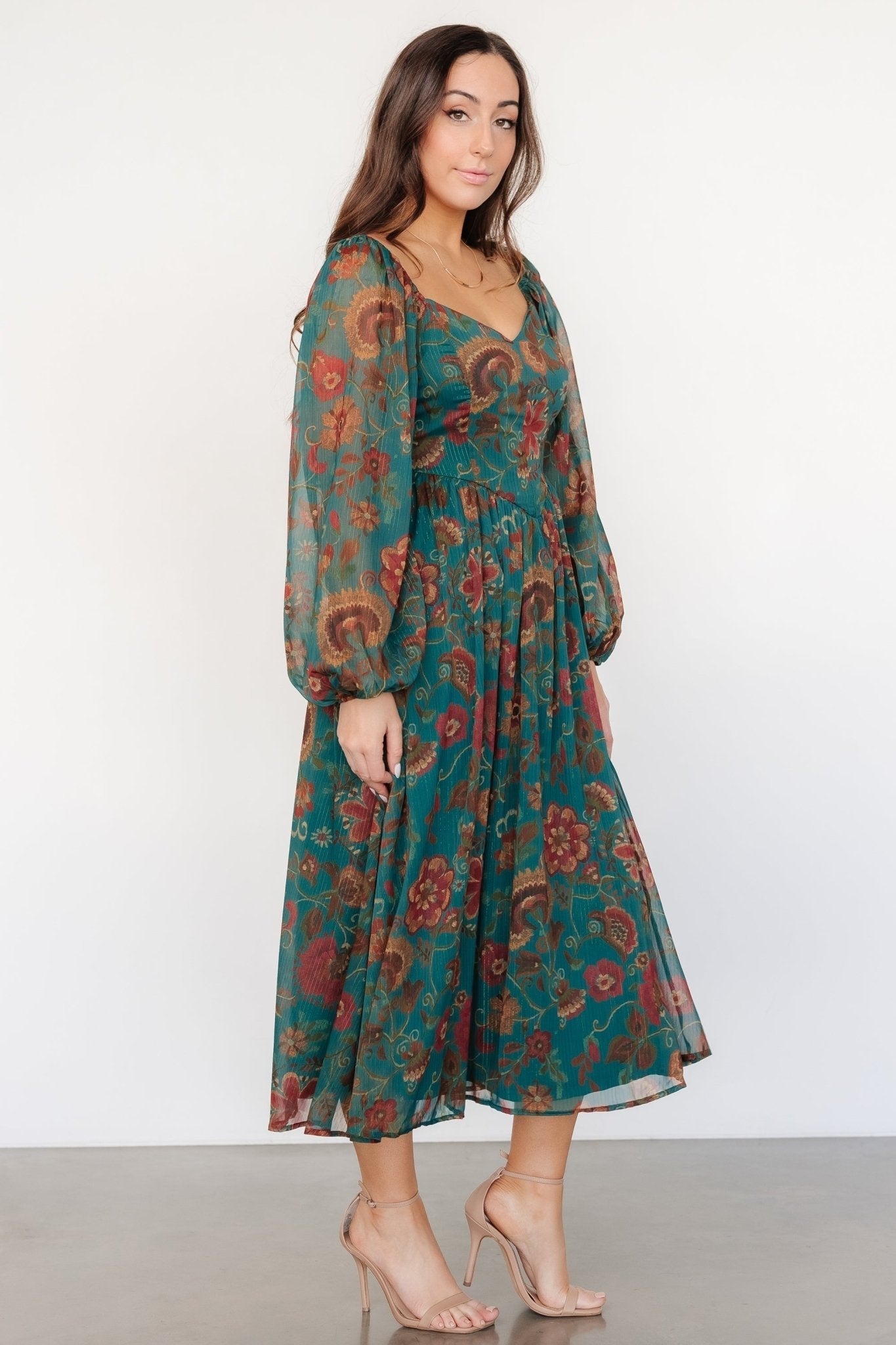 Babette Basque Waist Dress | Teal Multi Floral