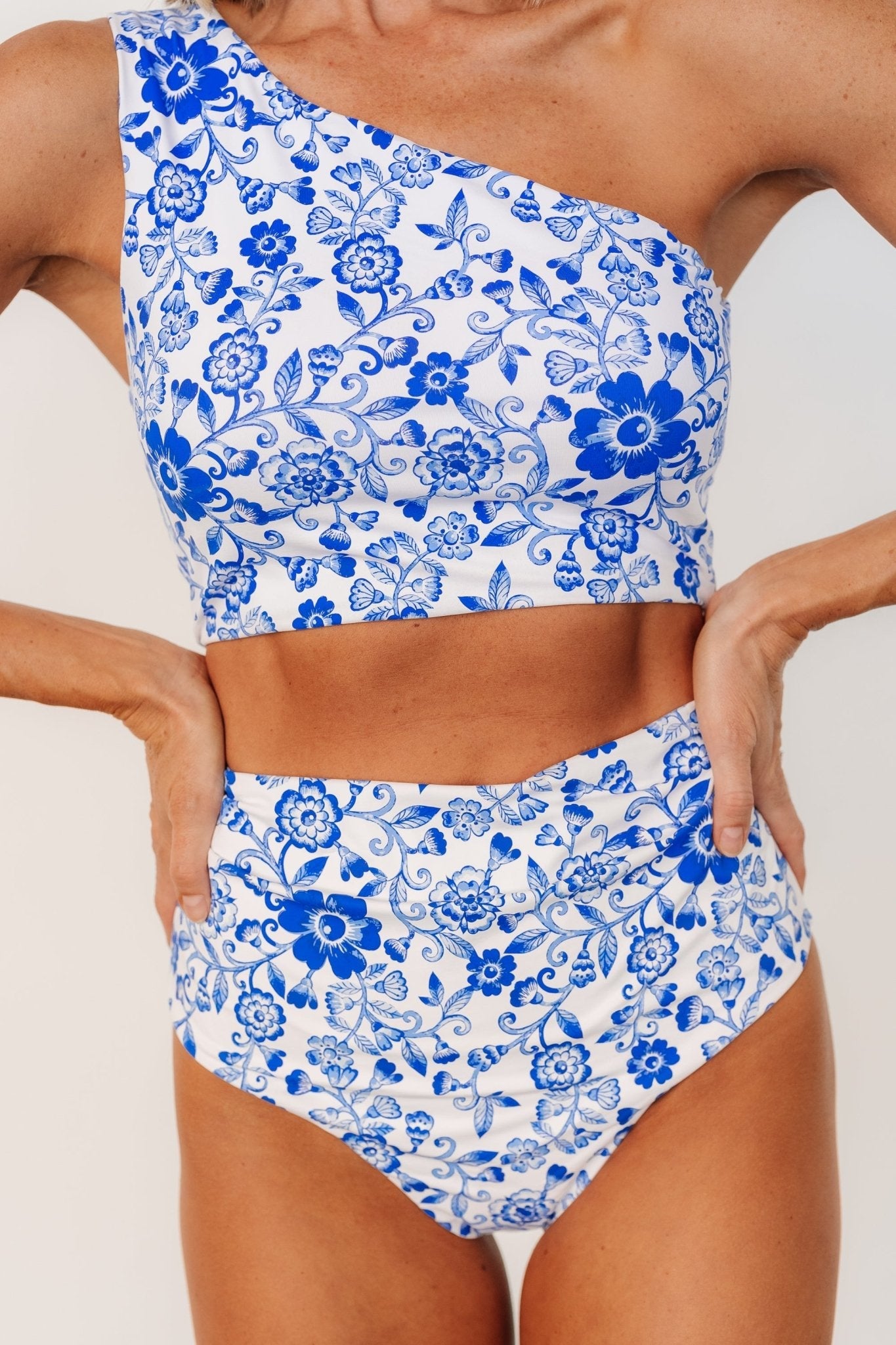 Bali High Rise Bikini Bottom | White + Cobalt Floral