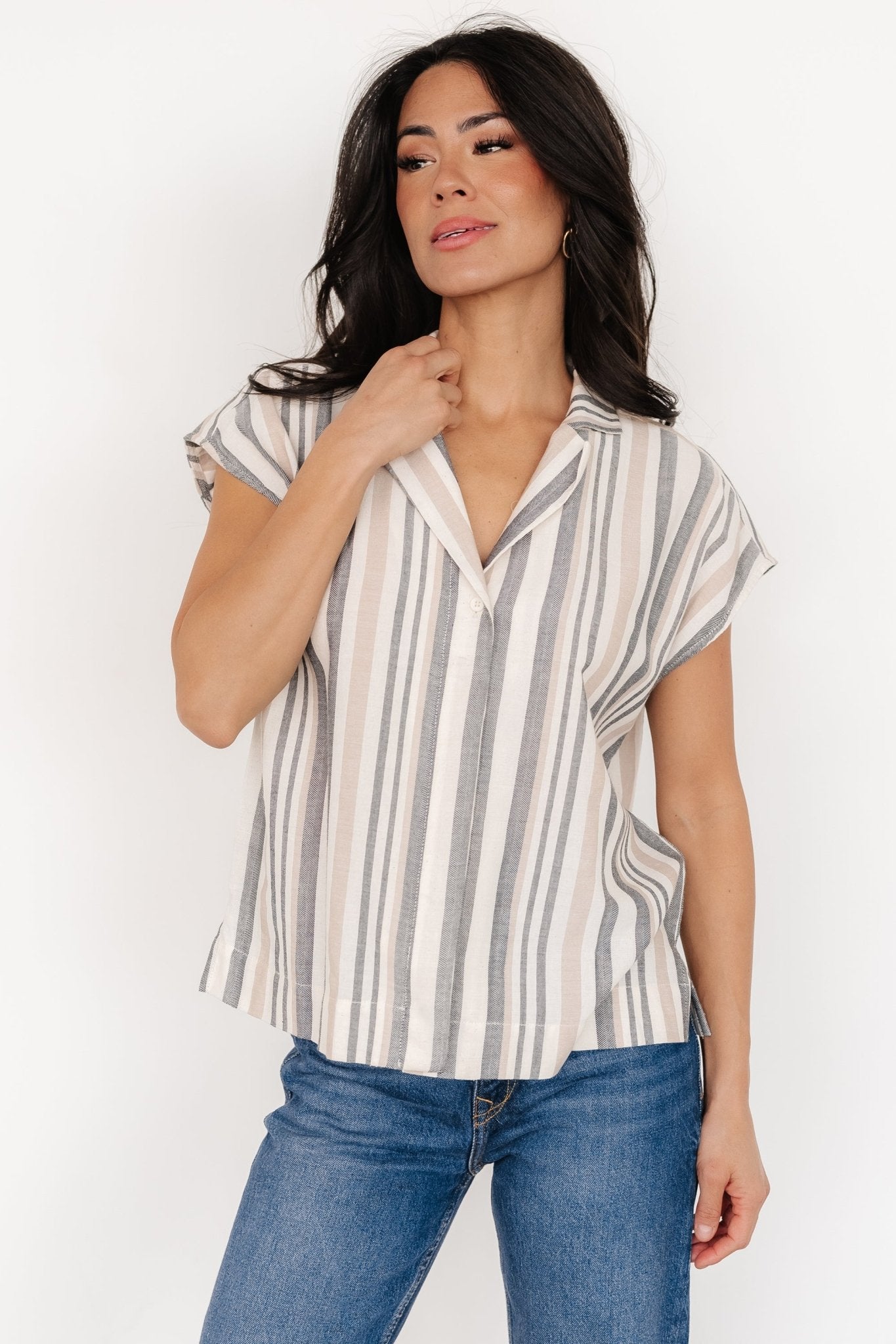 Beckett Button Top | Natural Multi Stripe