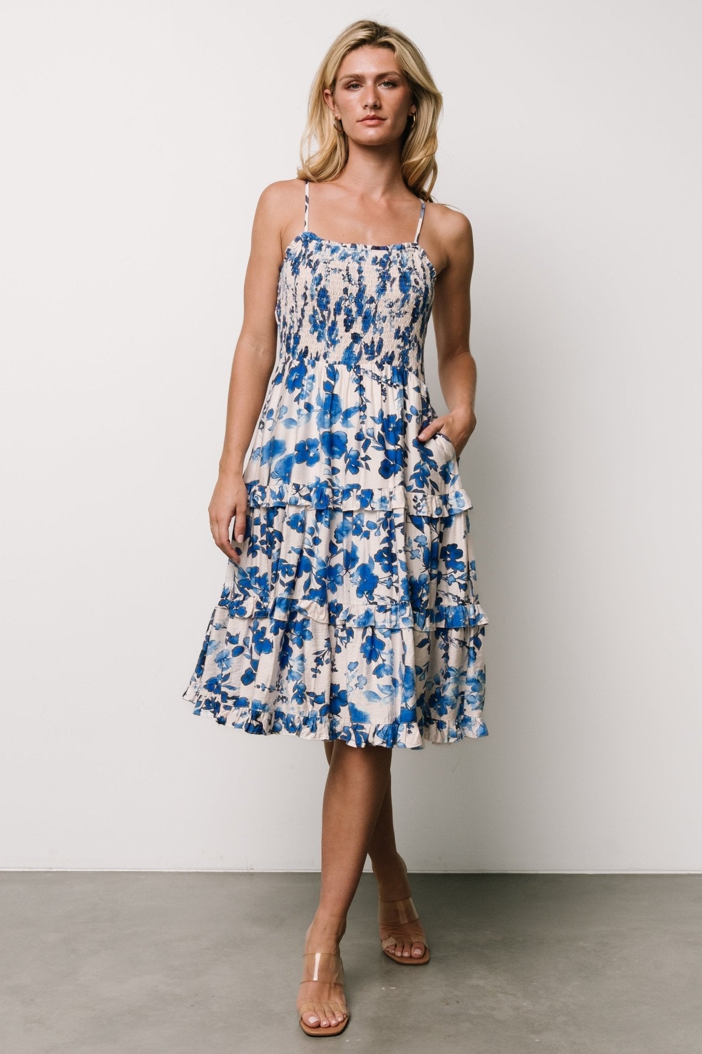 Calina Midi Dress | Ivory + Blue Floral