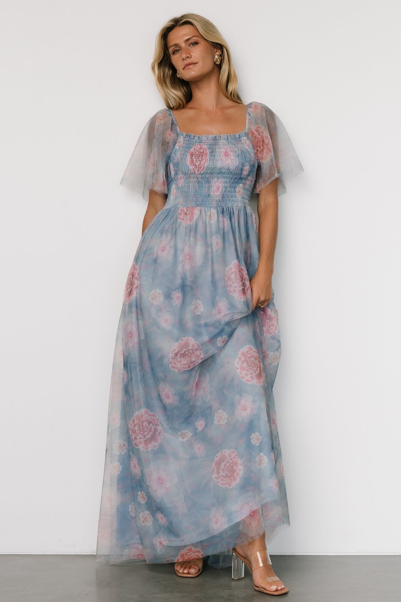 Cassandra Tulle Maxi Dress | Light Blue + Pink Floral