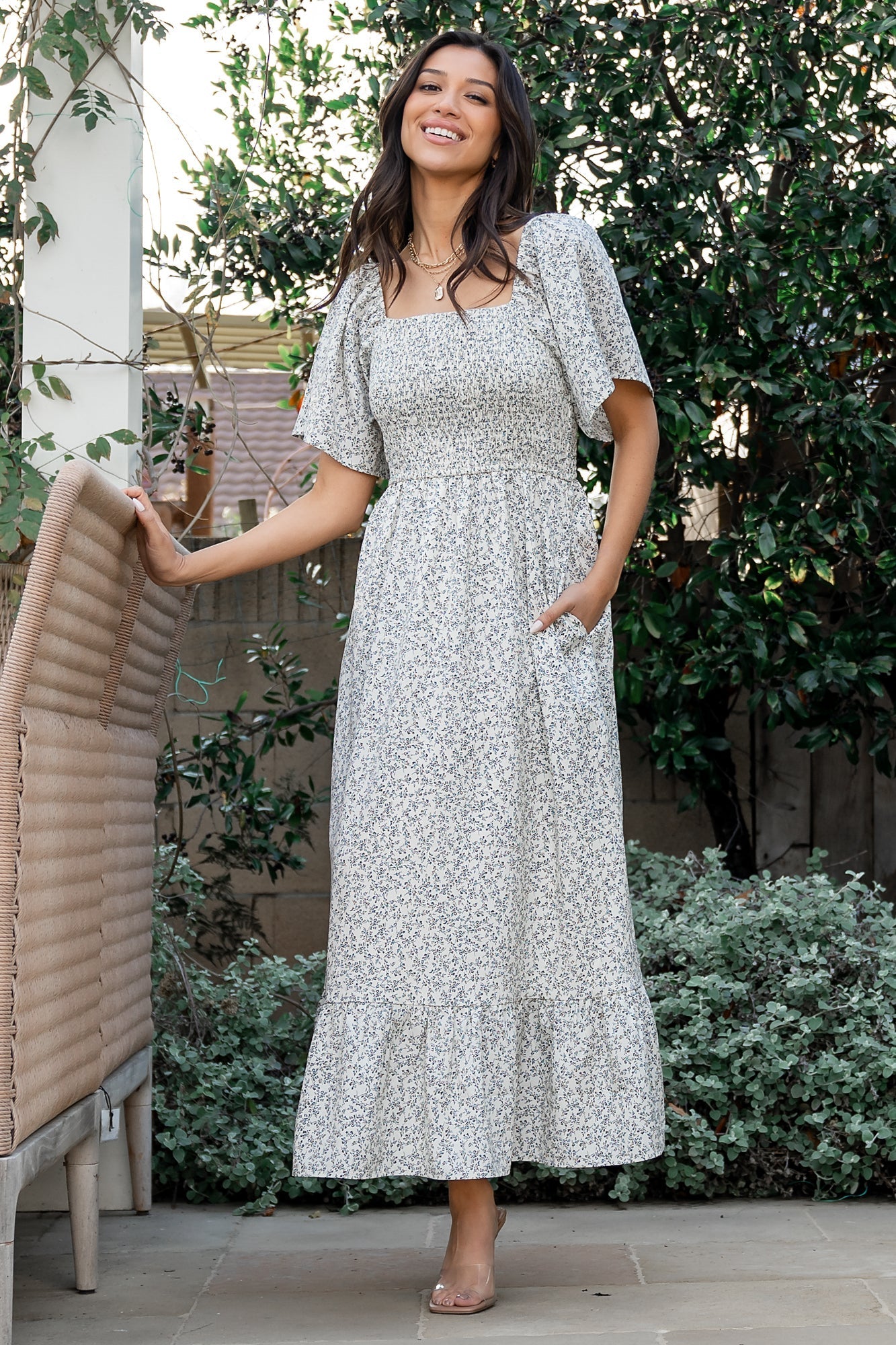 Cassis Smocked Midi Dress | Ivory + Black Floral