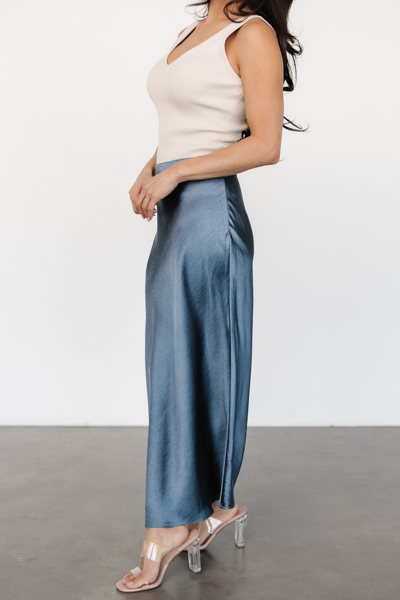 Celeste Satin Midi Skirt | Steel Blue