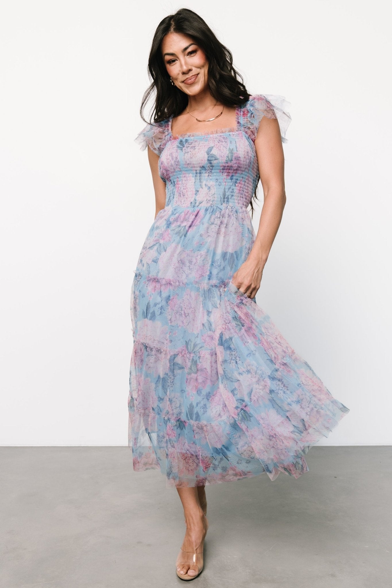 Clementine Tulle Midi Dress | Light Blue + Pink