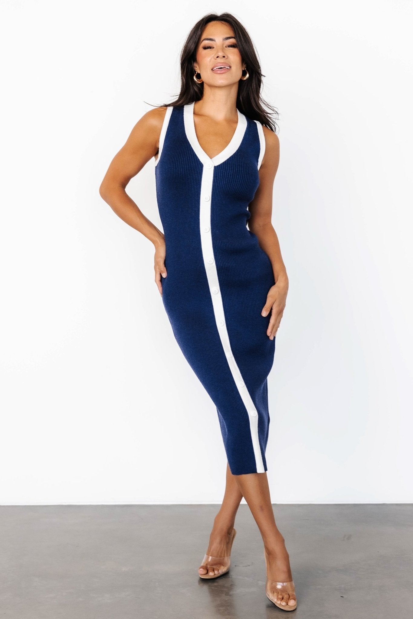 Coley Ribbed Button Dress | Navy + Off White