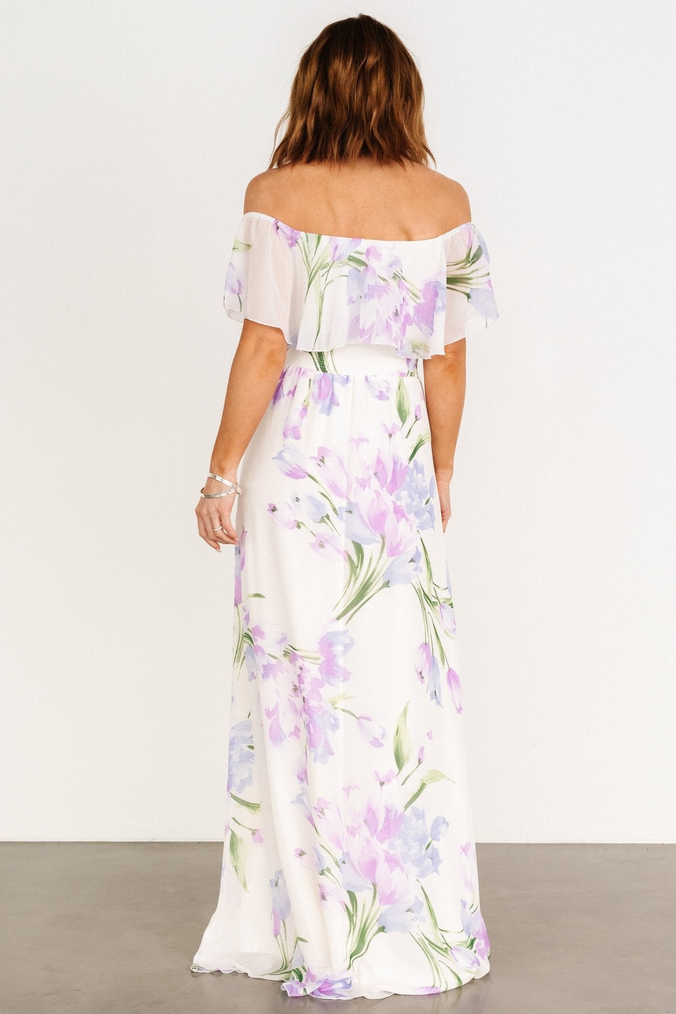 Daphne Off Shoulder Maxi Dress | Ivory + Lavender Floral