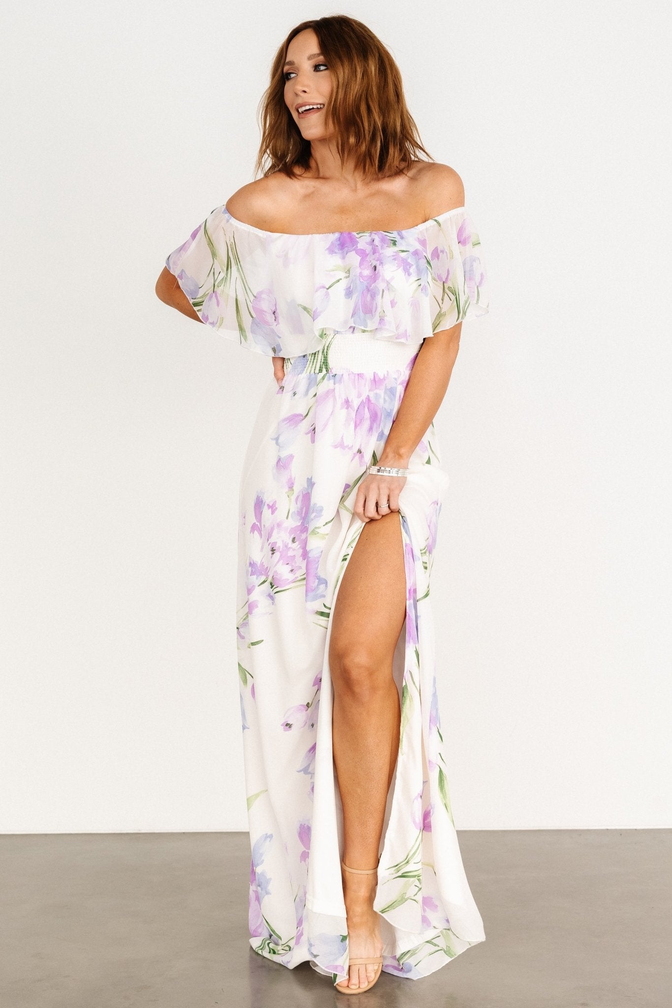 Daphne Off Shoulder Maxi Dress | Ivory + Lavender Floral