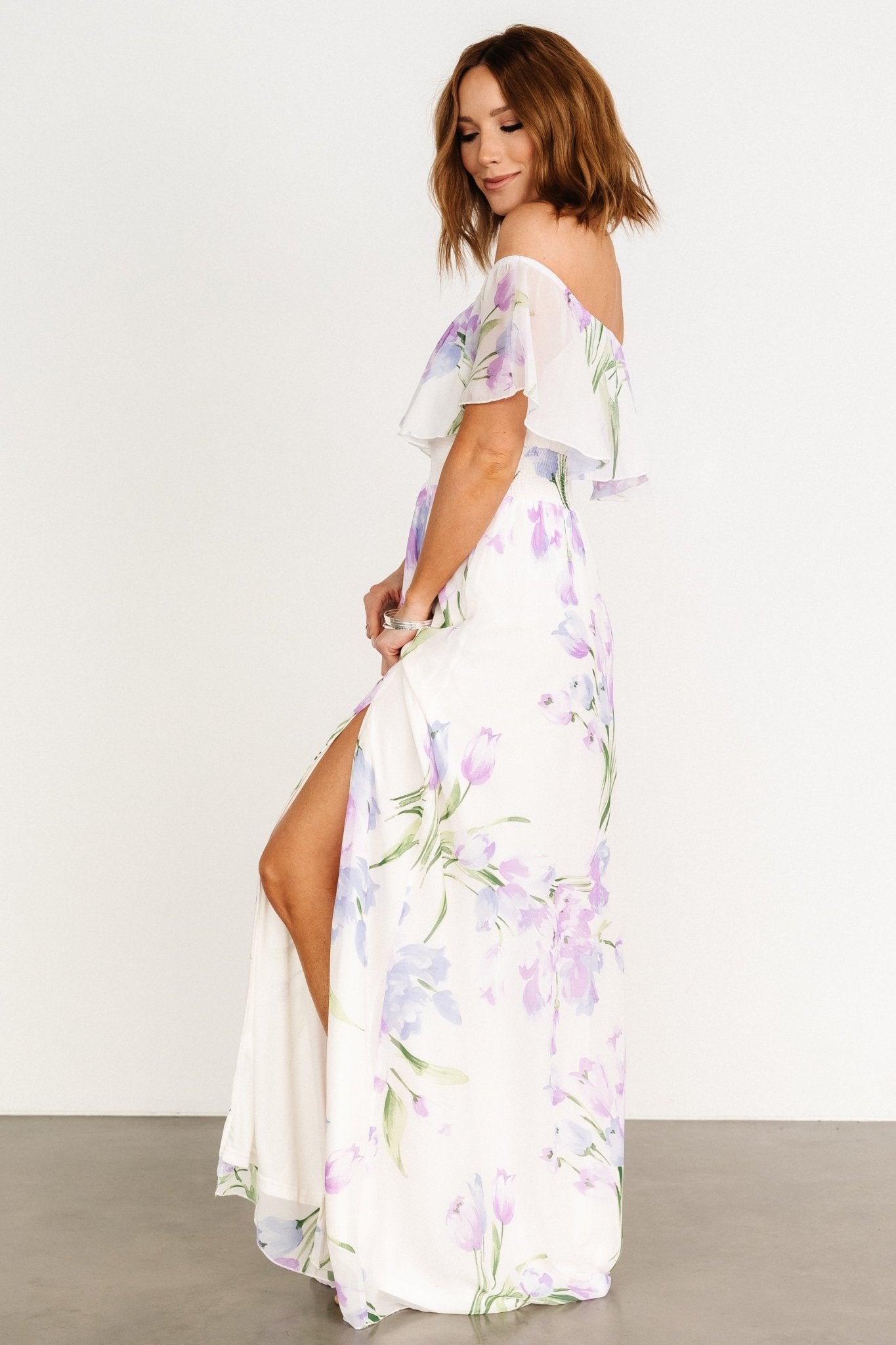 Daphne Off Shoulder Maxi Dress | Ivory + Lavender Floral