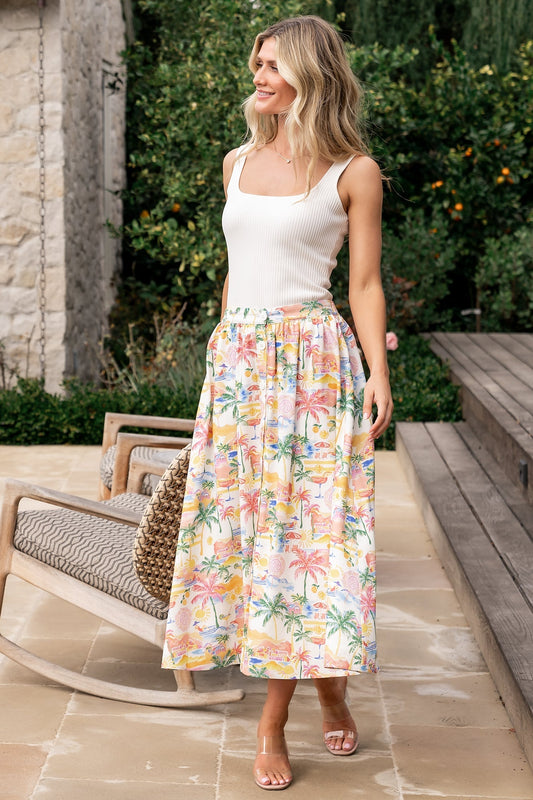 Gigi Button Midi Skirt | Off White + Multi Print