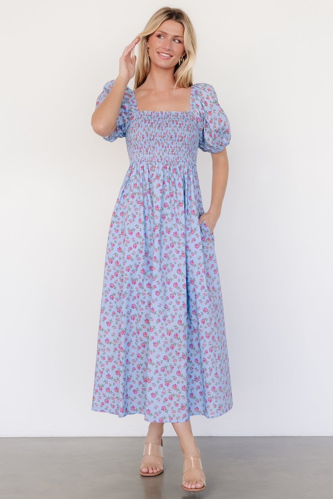 Haddie Smocked Midi Dress | Light Blue + Rose Floral