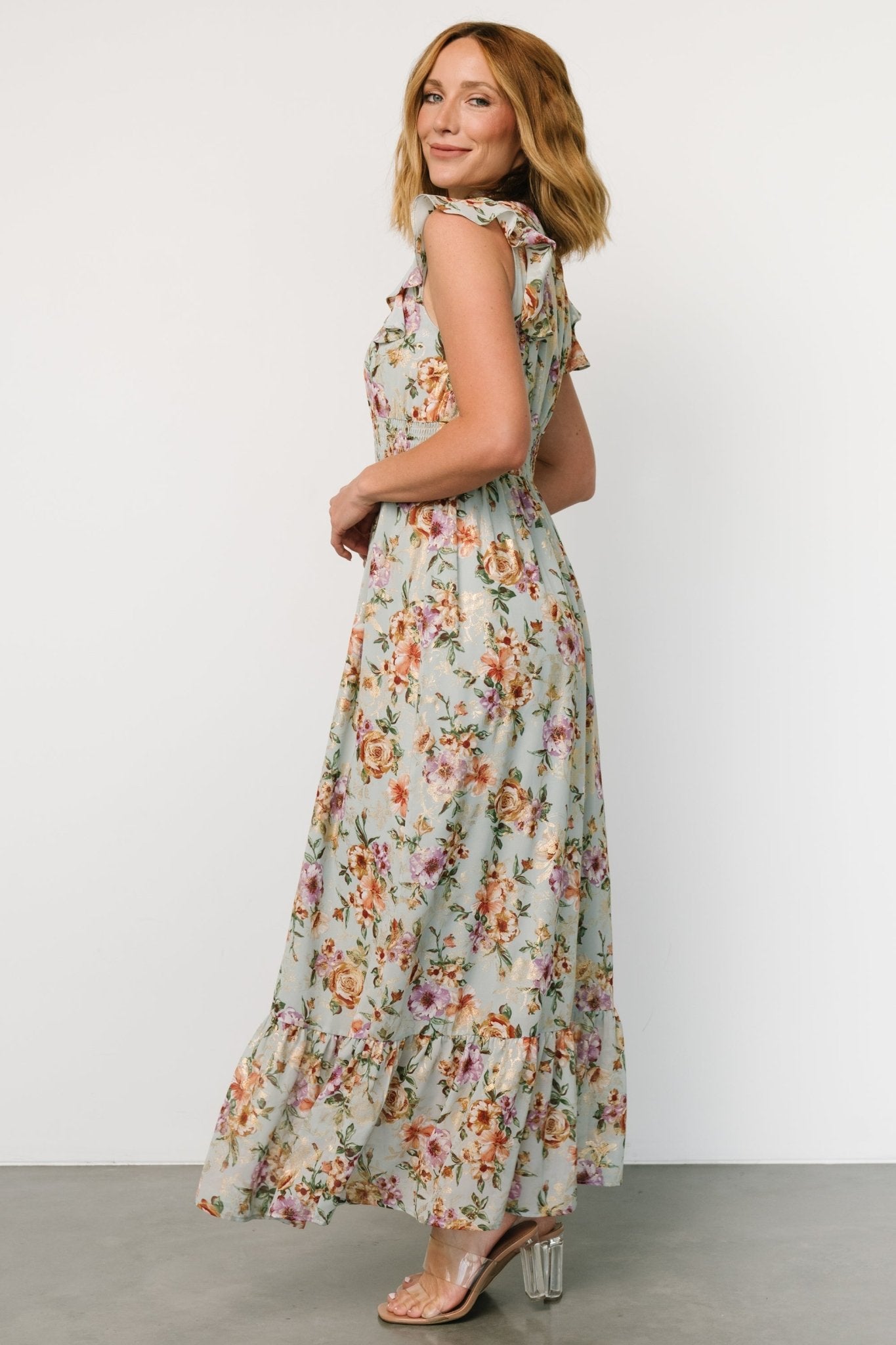 Kearny Ruffle Maxi Dress | Light Blue Floral + Gold