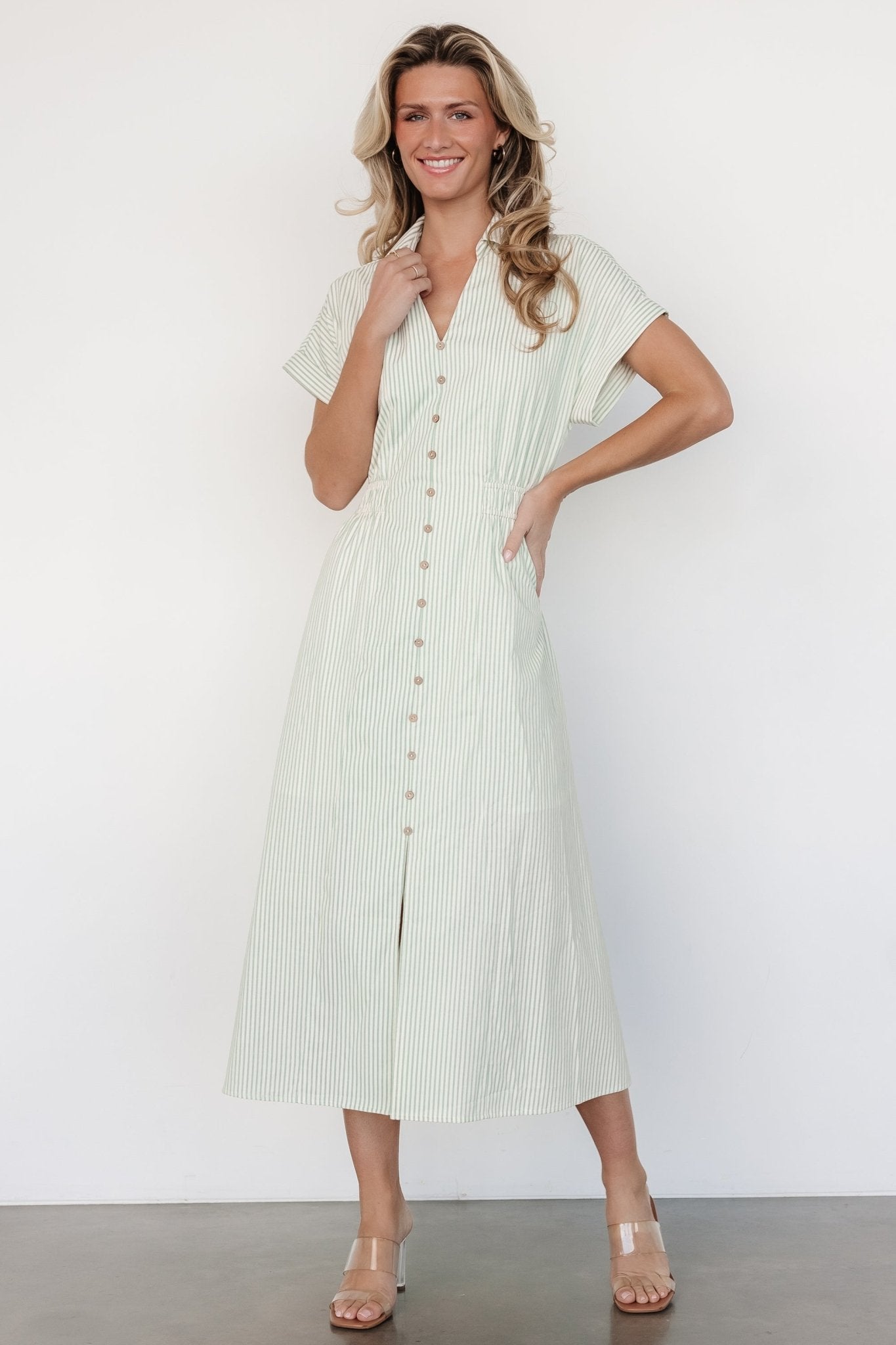 Larah Button Dress | Sage Stripe