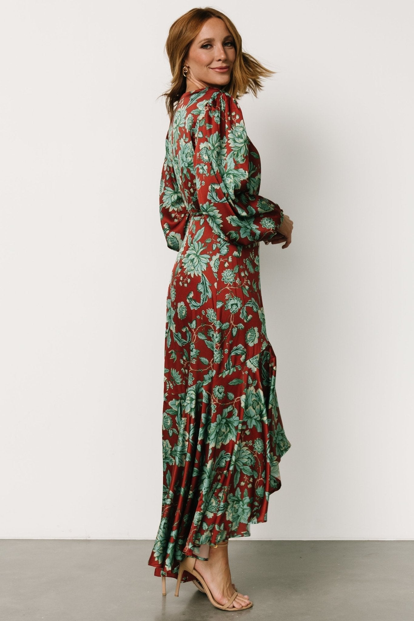 Lavinia Ruffle Maxi Dress | Rust + Green Floral