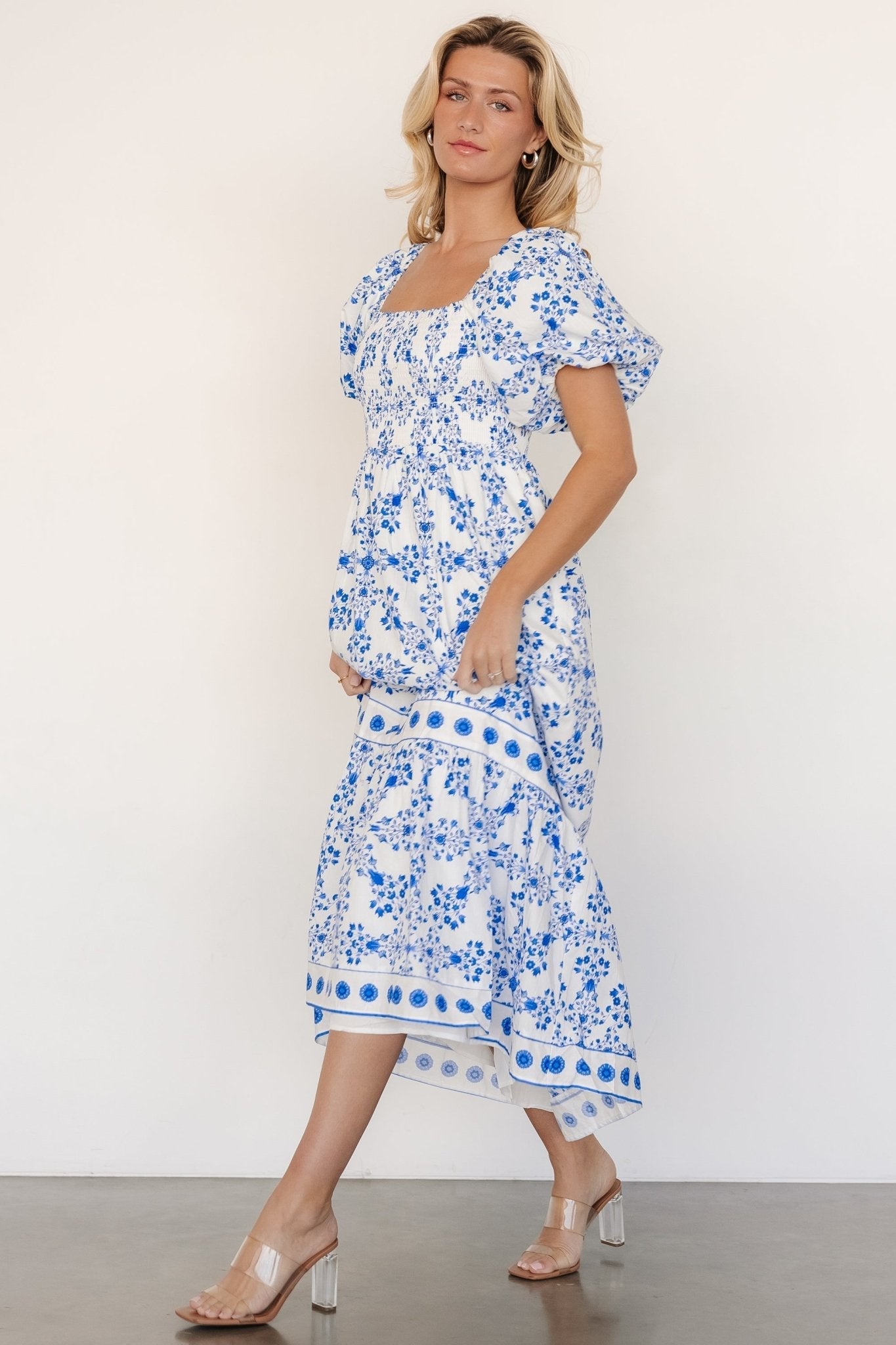 Lexa Smocked Maxi Dress | Off White + Blue Floral