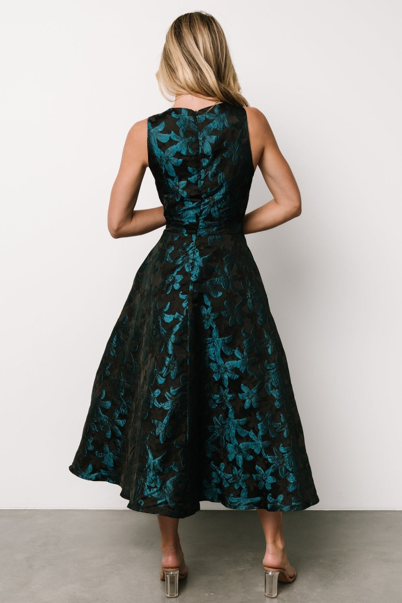 Maren Embossed Midi Dress | Black + Teal Floral