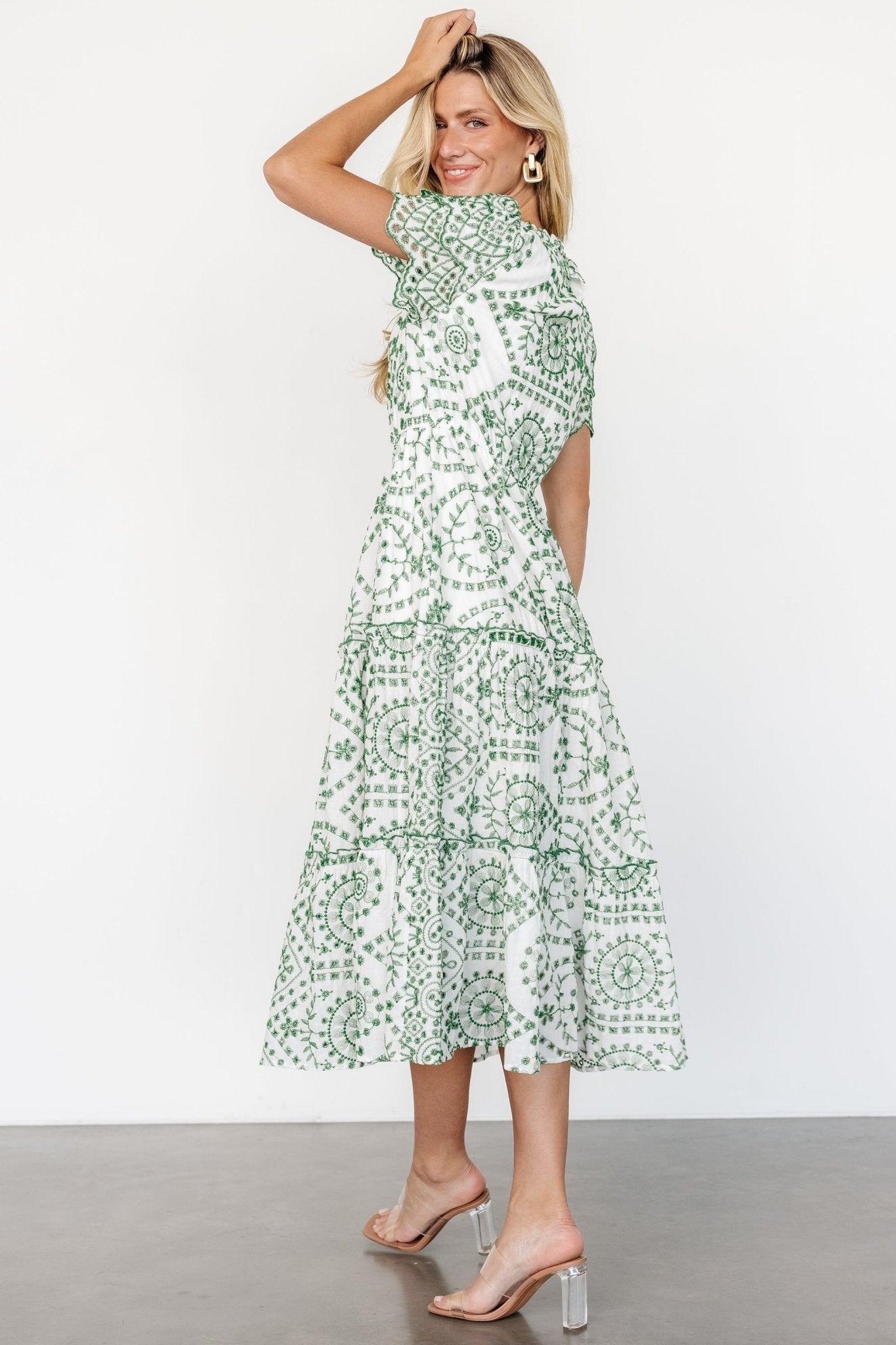 Mirabel Eyelet Midi Dress | White + Green