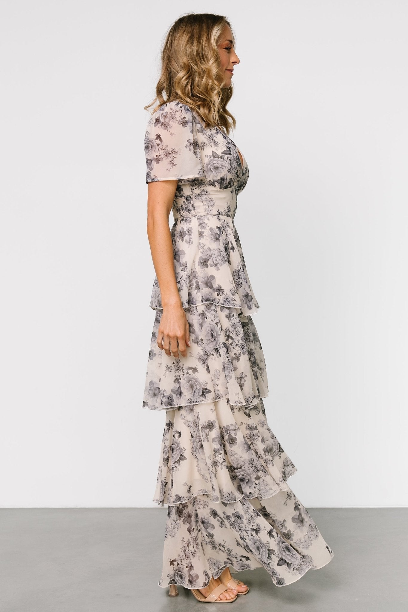 Montaigne Ruffle Maxi Dress | Beige + Slate Floral