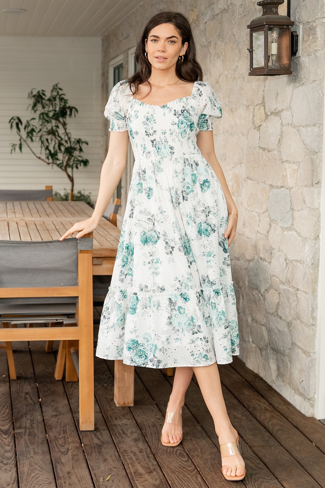 Piper Eyelet Midi Dress | Off White + Green Floral