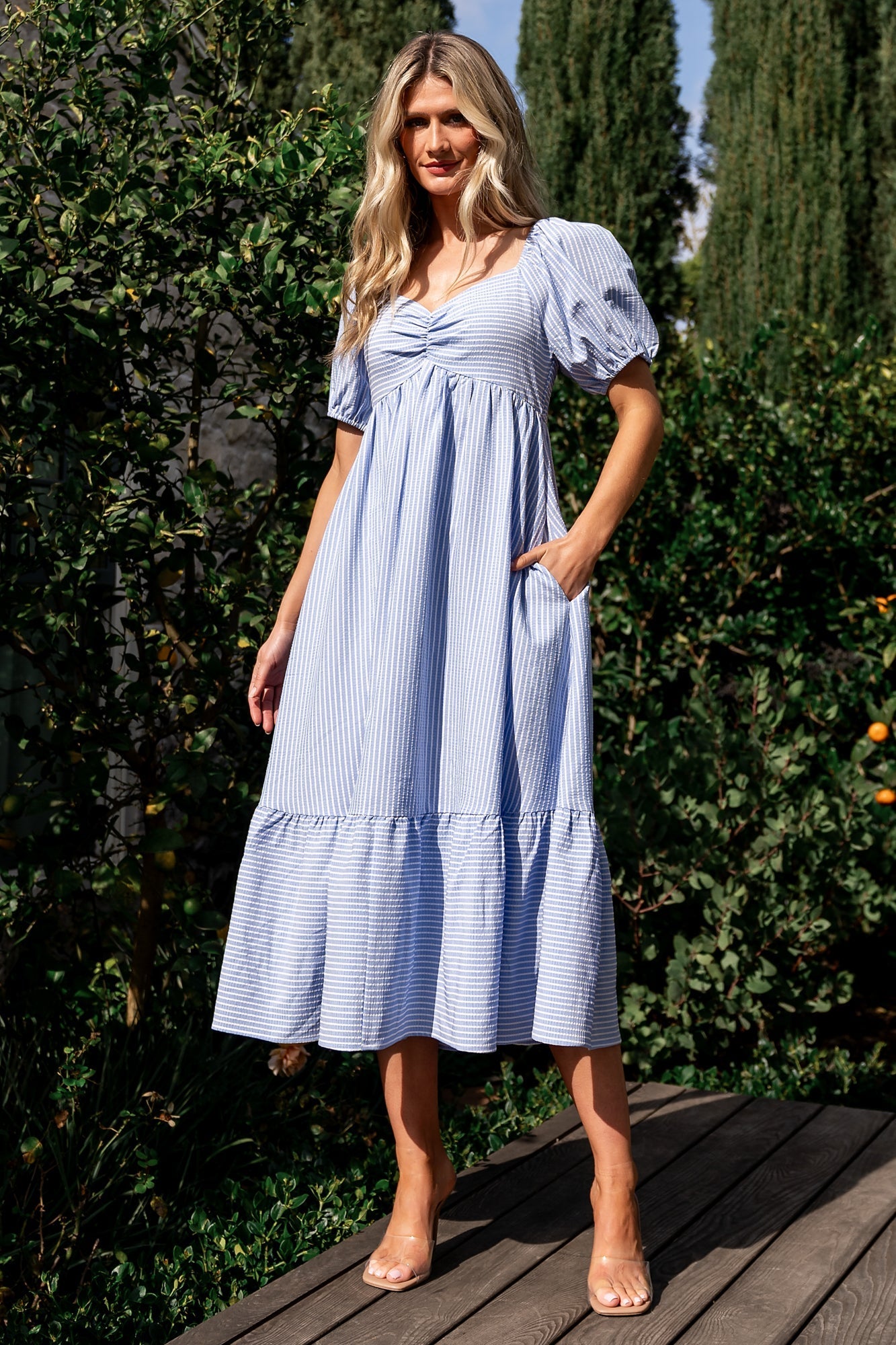 Poppy Midi Dress | Blue + Off White