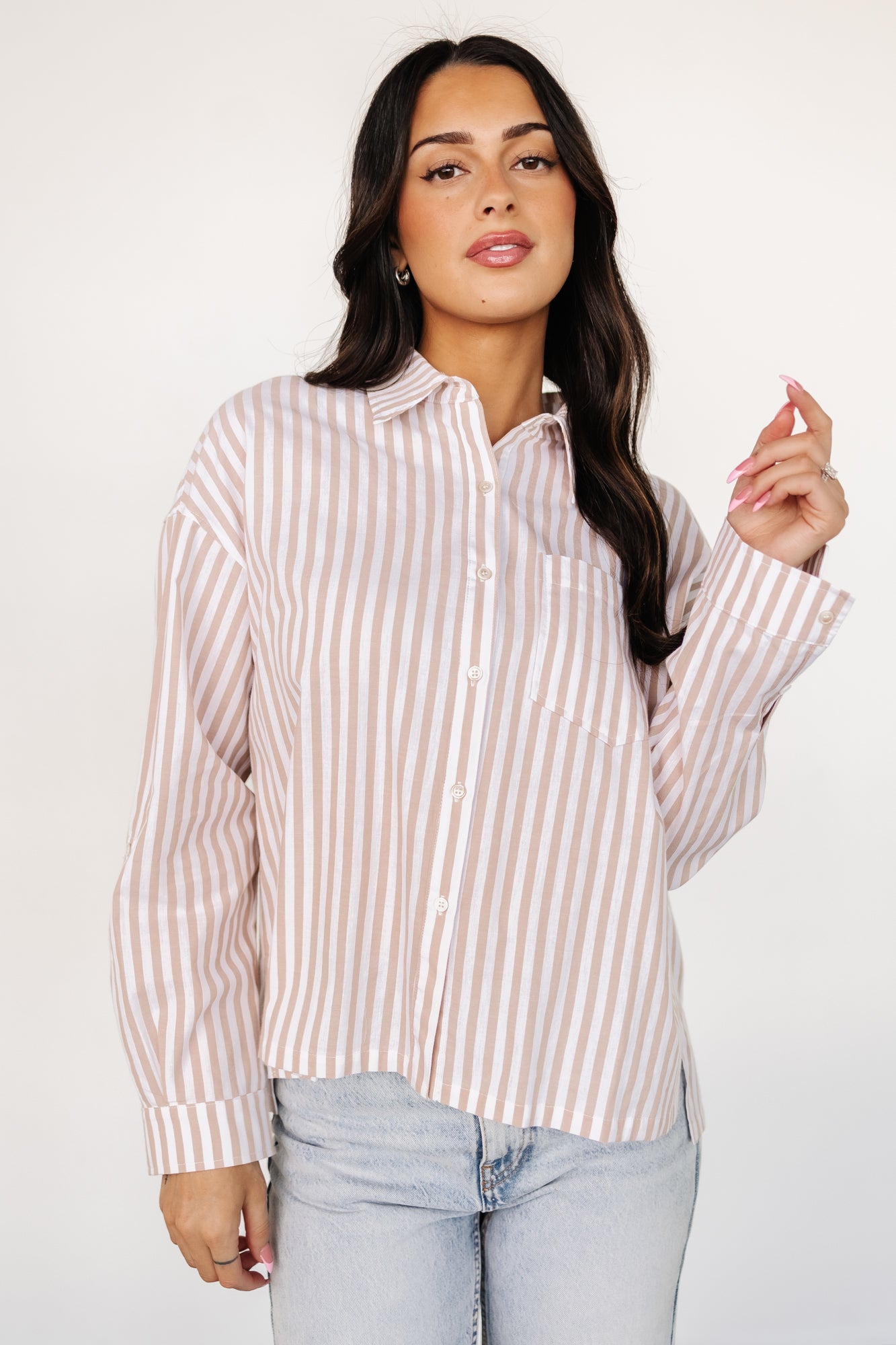 Shasta Button Up Top | Beige Stripe