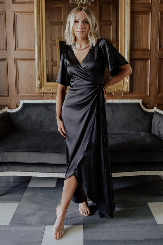 Vara Satin Maxi Wrap Dress | Black