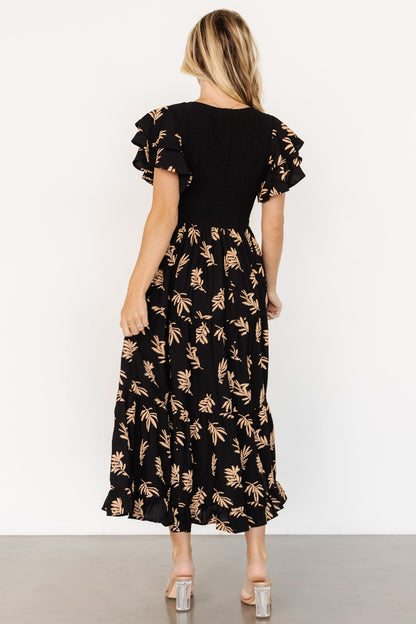 Estelle Smocked Midi Dress | Black + Tan Print