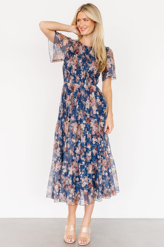 Mara Embroidered Tulle Dress | Dark Blue Multi Floral