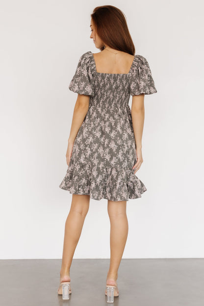 Anastasia Bow Short Dress | Dusty Olive Print