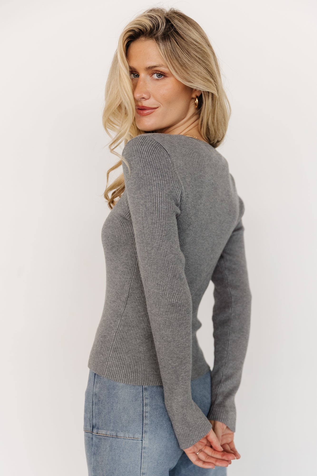 Leo Ribbed Henley Top | Gray