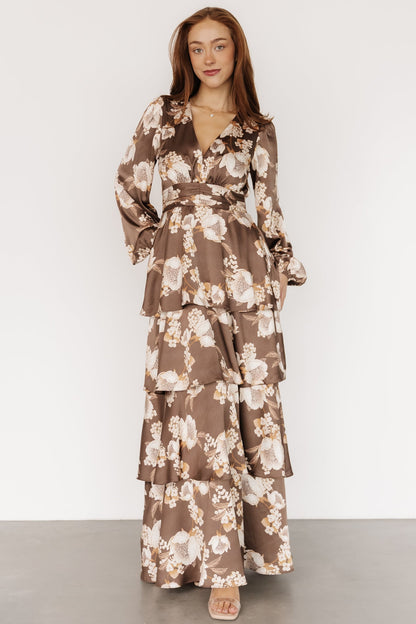 Montrouge Tiered Satin Dress | Mocha Floral
