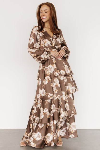 Montrouge Tiered Satin Dress | Mocha Floral