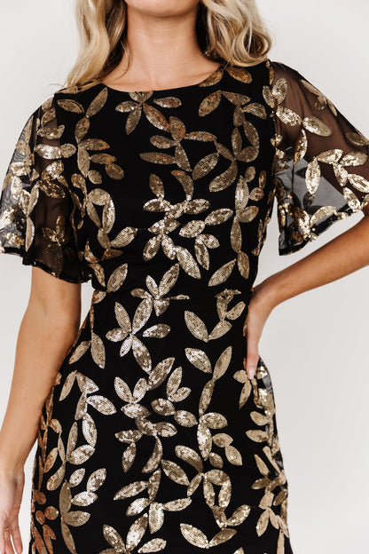 Deanna Sequin Midi Dress | Black + Gold