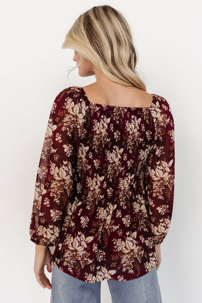 Fenna Smocked Top | Burgundy Floral